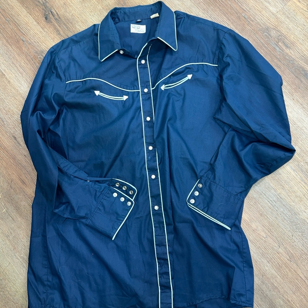 Men's Navy Button Down Shirt vintage size XXL gray piping